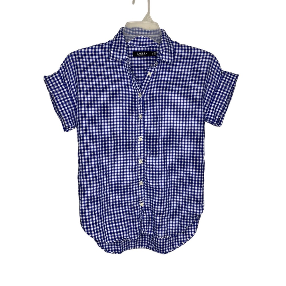 Lauren Ralph Lauren Blue White Gingham 100% Linen Short Cuffed Sleeve Shirt S